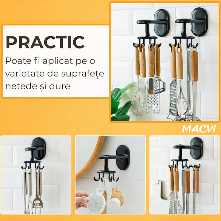 Suport Rotativ Macvi® pentru Ustensile de Bucatarie, 360° Reglabil, Negru, 14.5 cm x 6.5 cm x 10.5 cm, Rezistent