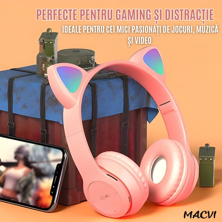 Casti stereo wireless Macvi® P47, urechi pisica, Bluetooth 5.0, radio FM, reducere zgomot, pliabile, slot card, roz