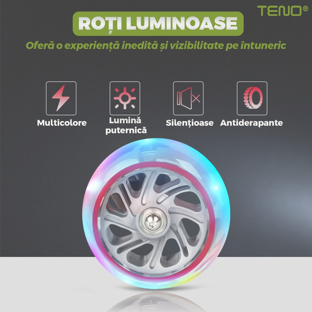 Trotineta pentru Copii cu Lumini Teno®, 3 roti, pliabila, anti-aluncare, inaltime ajustabila, stabila, frana, incorporata, 3-11 ani, verde