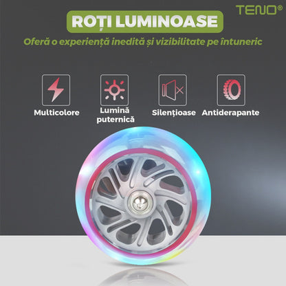 Trotineta pentru Copii cu Lumini Teno®, 3 roti, pliabila, anti-aluncare, inaltime ajustabila, stabila, frana, incorporata, 3-11 ani, verde