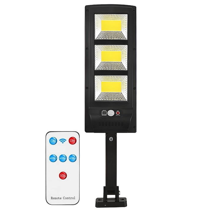 Lampa Solara Stradala 3 LED-uri Teno®, control prin telecomanda, senzor de miscare, 3 moduri de iluminare, protectie IP65, Waterproof, exterior, negru