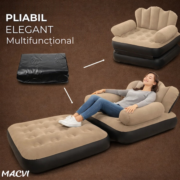 Fotoliu Gonflabil Macvi® XL 2 in 1 Portabil Pentru Interior, Exterior, Camping sau Plaja, Design Ergonomic, 100x88x90 cm, Maro