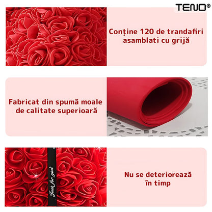 Inimioara din Trandafiri de Spuma Teno®, floral rosu, handmade, cutie transparenta, eleganta si naturala, nemuritoare, 15 cm