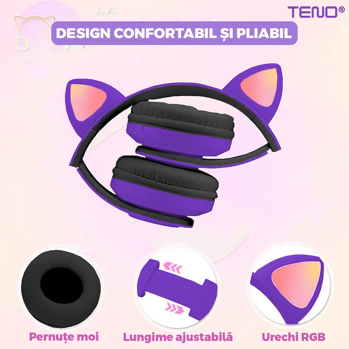 Casti Wireless Model Pisica Teno®, B39, overear, urechi de pisica cu iluminare RGB, bluetooth 5.0, handsfree, HiFi, bass stereo, mov/negru