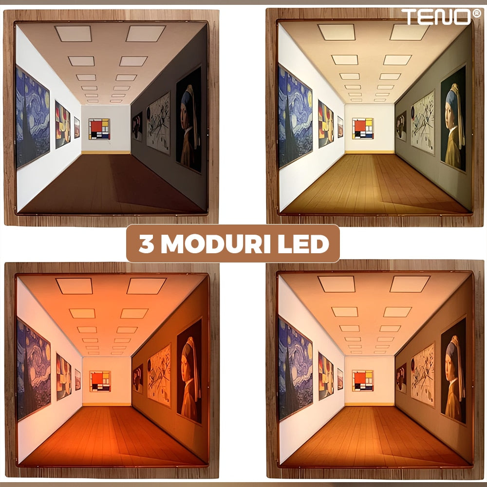 Tablou Iluzie Teno®, picturi celebre, design 3D, diverse perspective, rama din lemn, lumini LED, naked eye, 19 x 19 x 15 cm, maro