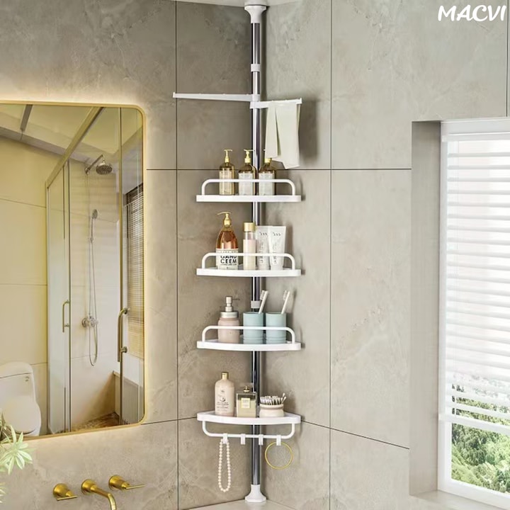 Etajera Extensibila Macvi® pentru Baie, 4 Polite si Umeras, Tip Coltar, 3 Carlige, 100-260 cm, Alb