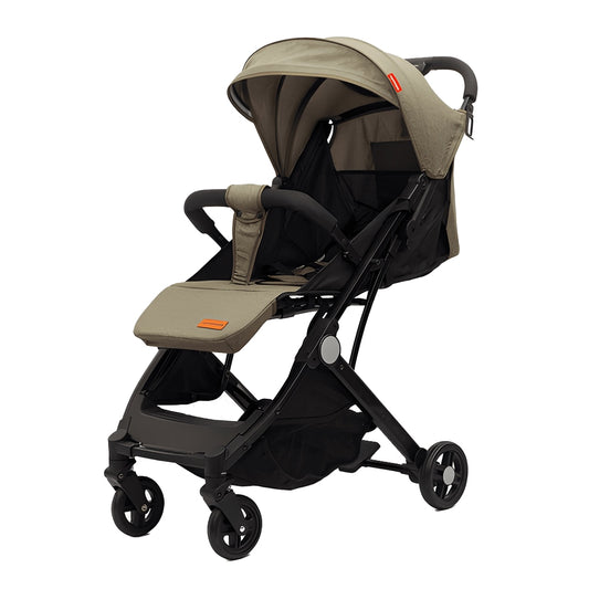 Carucior Sport pentru Bebelusi Teno®, pliabil, usor de carat, sezut reglabil, spatios, cosulet dorsal, copertina retractabila, greutate maxima suportata 25 kg, kaki