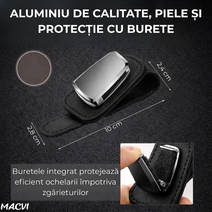 Suport ochelari auto Macvi®, prindere la parasolar, piele si aluminiu, 5x10 cm, negru
