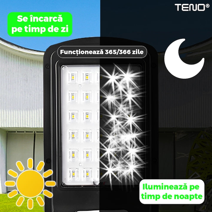Lampa Solara Stradala 30 LED-uri Teno®, control prin telecomanda, senzor de miscare, 3 moduri de iluminare, protectie IP65, Waterproof, exterior, negru