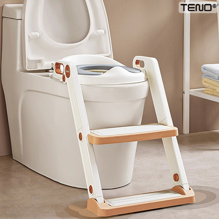 Reductor WC cu Scara Teno®, antiderapant, pentru copii cu varsta pana la 7 ani, protectie impotriva stropilor, 2 trepte, reglabil pe inaltime, manere de sustinere, alb/rose gold