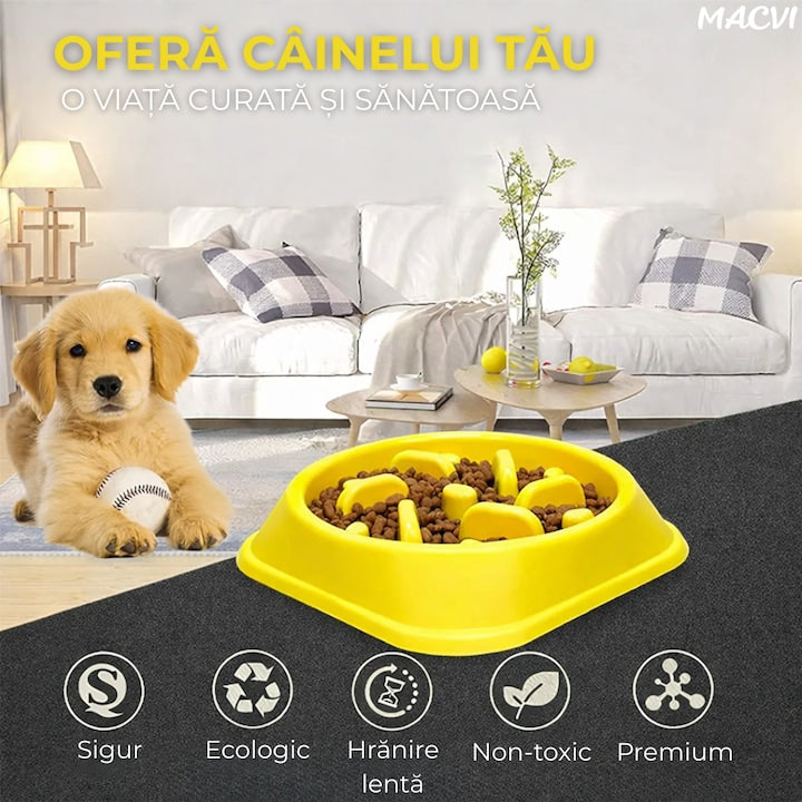 Alimentator Lent pentru Animale Macvi®, Bol Antiderapant Hranire Lenta pentru Caini si Pisici Design Interior AntiInghitire Material Sigur Usor de Curatat Rezistent, Galben