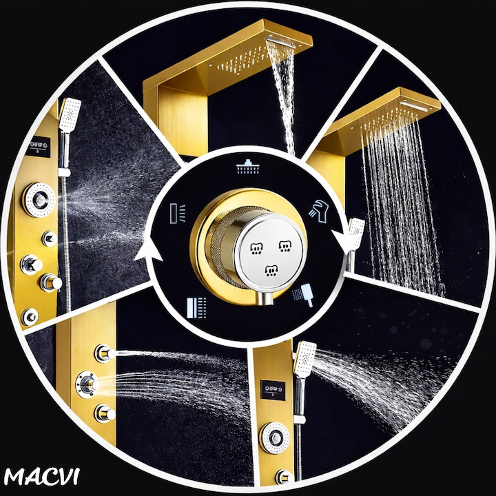 Panou dus Macvi® hidromasaj 5 functii LED digital inox auriu satin 120 cm, afisaj temperatura anticalcar dus tip ploaie cascada, para mobila, jeturi masaj baie, premium