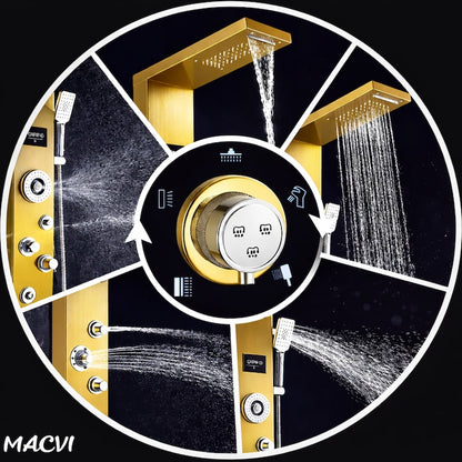 Panou dus Macvi® hidromasaj 5 functii LED digital inox auriu satin 120 cm, afisaj temperatura anticalcar dus tip ploaie cascada, para mobila, jeturi masaj baie, premium