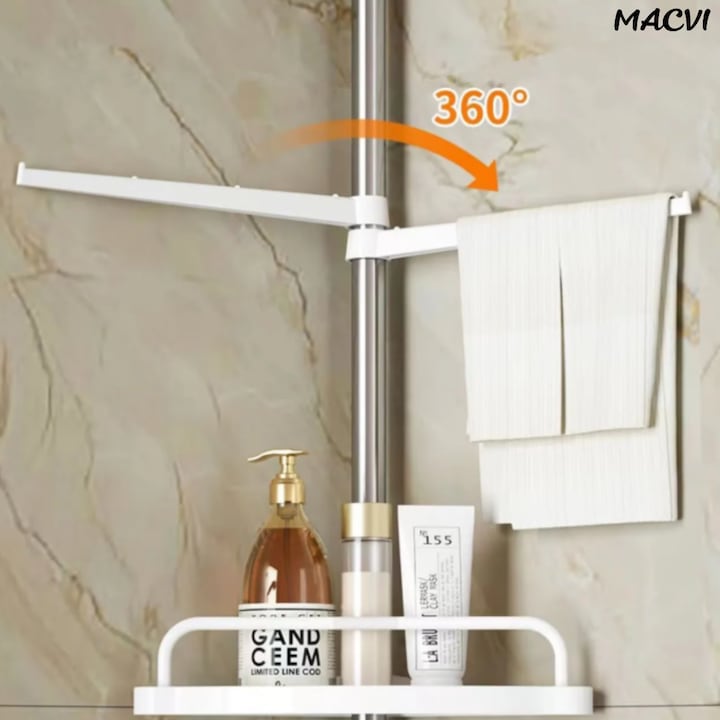 Etajera Extensibila Macvi® pentru Baie, 4 Polite si Umeras, Tip Coltar, 3 Carlige, 100-260 cm, Alb