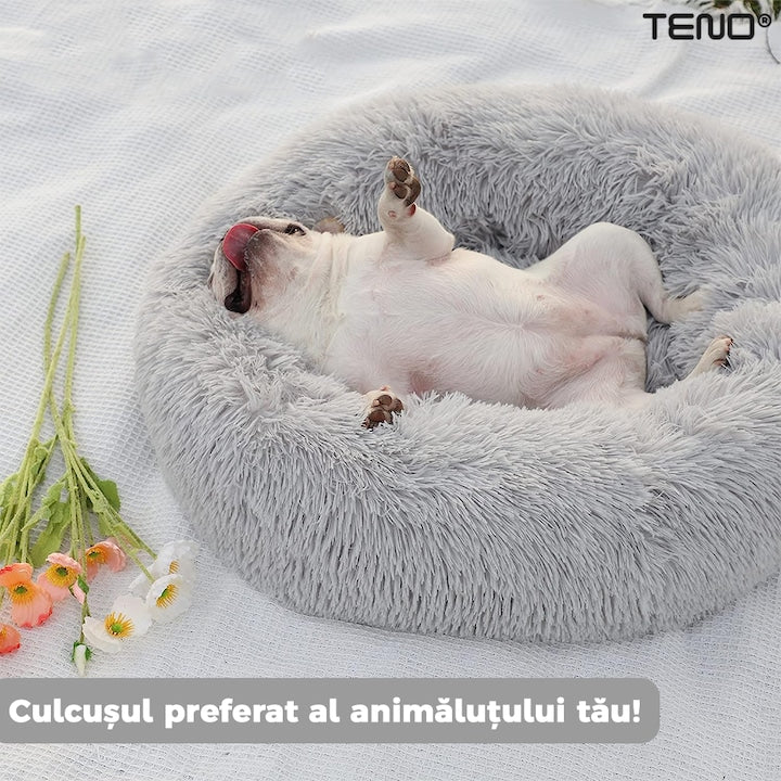 Pat Animale Teno®, captusit, moale, pufos si calduros, pentru caini si pisici, diametru 100cm, baza anti-alunecare, gri