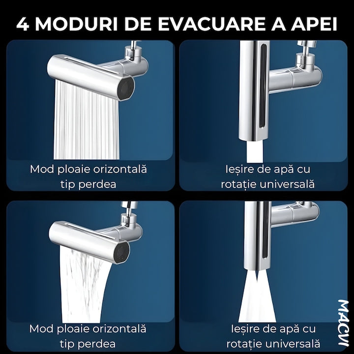 Baterie de bucatarie Macvi® 4 in 1 cu cascada, pivotanta 360°, robinet extensibil multifunctional din otel inoxidabil 304, rezistent la coroziune si uzura