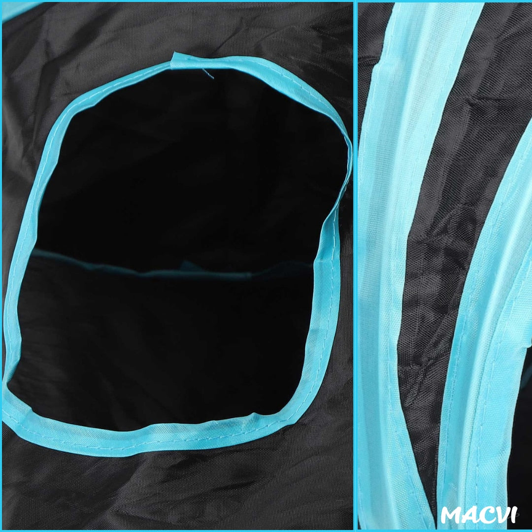 Tunel pliabil pentru pisici Macvi®, 3 cai, cu clopotei, poliester rezistent, portabil, 28x28x5 cm, albastru