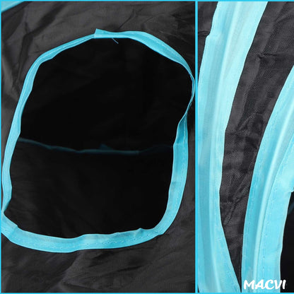 Tunel pliabil pentru pisici Macvi®, 3 cai, cu clopotei, poliester rezistent, portabil, 28x28x5 cm, albastru