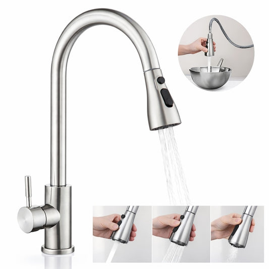 Baterie chiuveta bucatarie Macvi® Premium dus extractabil pipa inalta rotire 360 cartus ceramic 2 functii jet buton ON OFF racorduri incluse inox mat argintiu