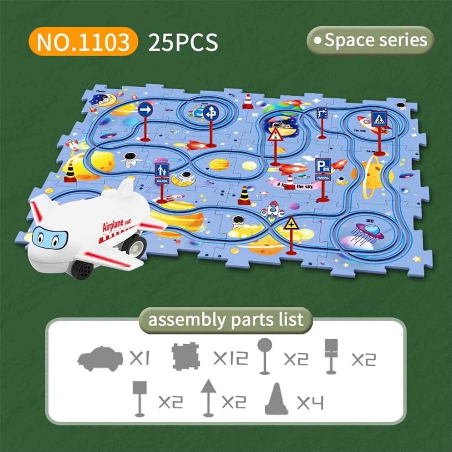 Set puzzle educational Macvi® cu pista de masinute si avion, 25 piese, model spatiu albastru, 47x38 cm, jucarie interactiva pentru copii 3+ ani