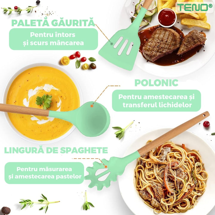 Set Ustensile Bucatarie 12 Piese Silicon Alimentar Teno®, termorezistente, antiaderente, sigure, suport inclus, verde deschis