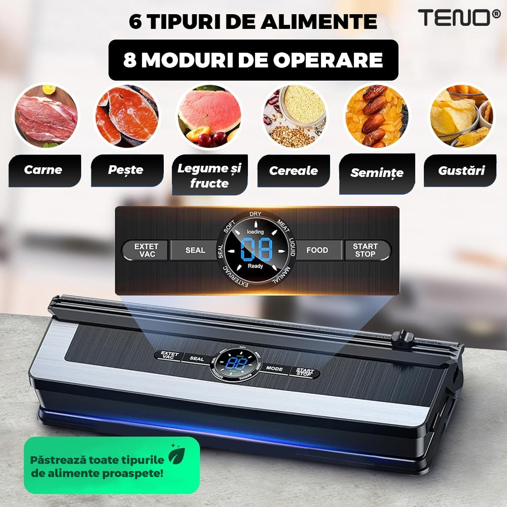 Aparat de Vidat si Sigilat PRO Teno®, functie de sigilare si vidare automata, vidare externa, 8 moduri de operare, putere ridicata, 65 kpa, furtun inclus, cutter incorporat, afisaj digital, negru