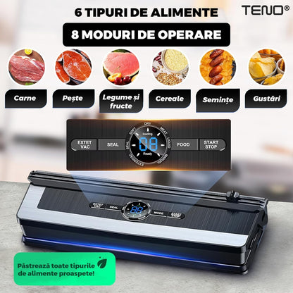 Aparat de Vidat si Sigilat PRO Teno®, functie de sigilare si vidare automata, vidare externa, 8 moduri de operare, putere ridicata, 65 kpa, furtun inclus, cutter incorporat, afisaj digital, negru