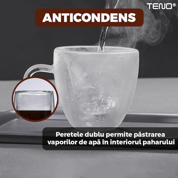Set 2 Cani de Sticla cu Perete Dublu Teno®, model inimioara, design modern, termorezistente, capacitate 250 ml, 9 x 8 cm