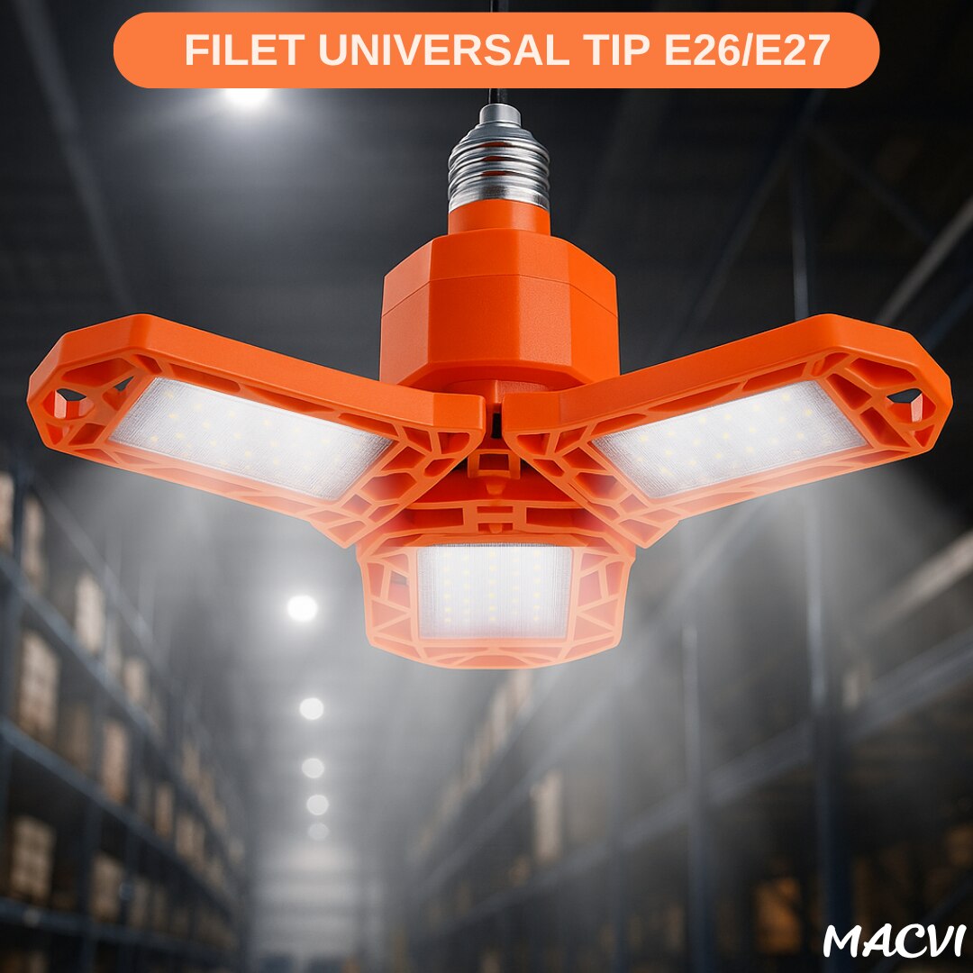Lampa LED Macvi® cu 3 Brate Mobile, 3000 Lumen, 30W, Portocaliu, Ideala pentru Ateliere, Garaje si Spatii de Lucru