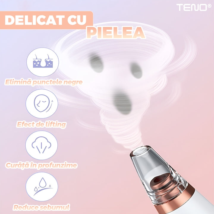Aparat cu Vacuum pentru Puncte Negre si Grasime Teno®, curatare faciala, ingrijire faciala, 3 viteze, 6 capete interschimbabile, delicat cu pielea, afisaj digital, alb