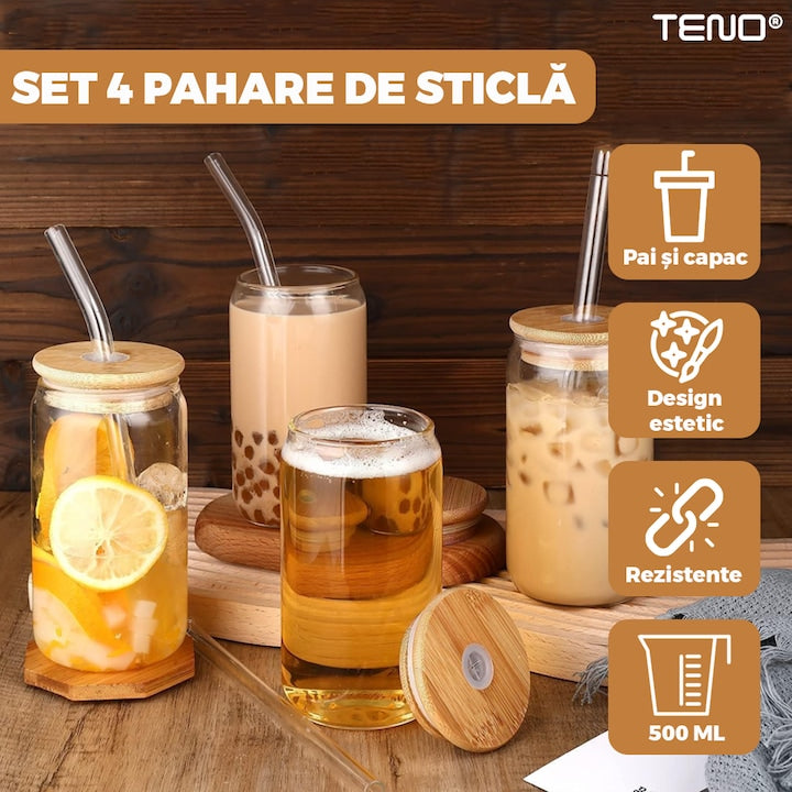 Set 4 Pahare de Sticla cu Capac si Pai Teno®, sticla borosilicata, capac din bambus, design modern, termorezistente, capacitate 500 ml, 15 cm