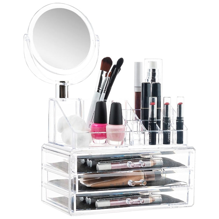 Organizator Cutie Depozitare pentru Produse Cosmetice Teno®, bijuterii si alte obiecte, 3 sertare, oglinda incorporata, piese detasabile, transparenti, 24 x 35 cm
