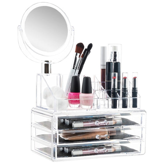 Organizator Cutie Depozitare pentru Produse Cosmetice Teno®, bijuterii si alte obiecte, 3 sertare, oglinda incorporata, piese detasabile, transparenti, 24 x 35 cm