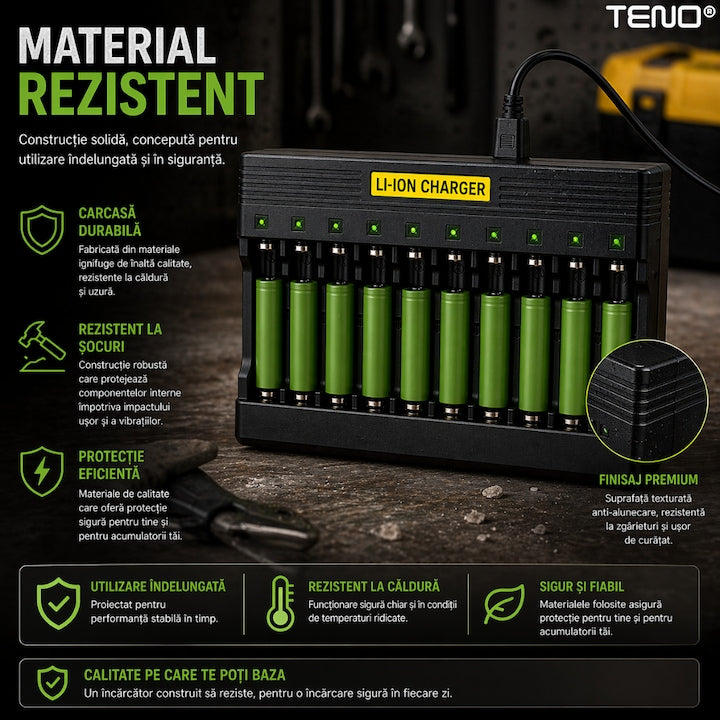 Incarcator inteligent baterii Li-Ion Teno®, 10 sloturi independente, LED individual, protectie completa, compatibil universal 3.7V