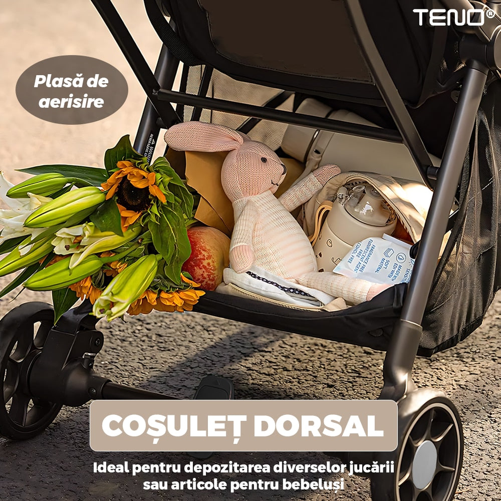 Carucior Sport pentru Bebelusi Teno®, pliabil, usor de carat, sezut reglabil, spatios, cosulet dorsal, copertina retractabila, greutate maxima suportata 25 kg, bej