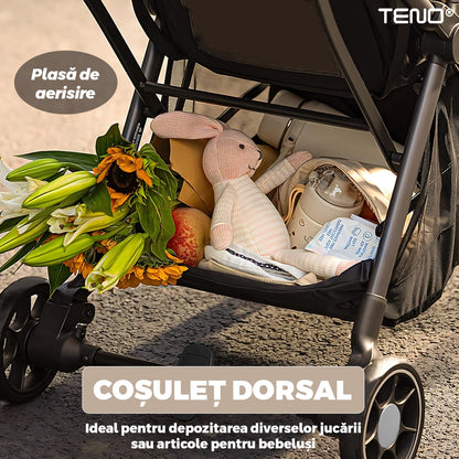 Carucior Sport pentru Bebelusi Teno®, pliabil, usor de carat, sezut reglabil, spatios, cosulet dorsal, copertina retractabila, greutate maxima suportata 25 kg, bej