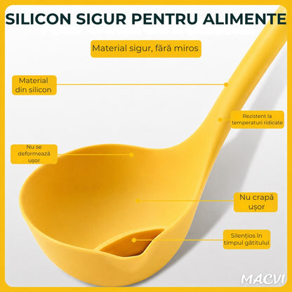 Polonic separator de grasime Macvi®, silicon alimentar, rezistent la caldura, galben