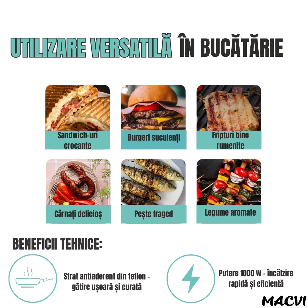 Sandwich-maker 3in1 Macvi®, grill/presa panini, 1800W, Negru/Argintiu