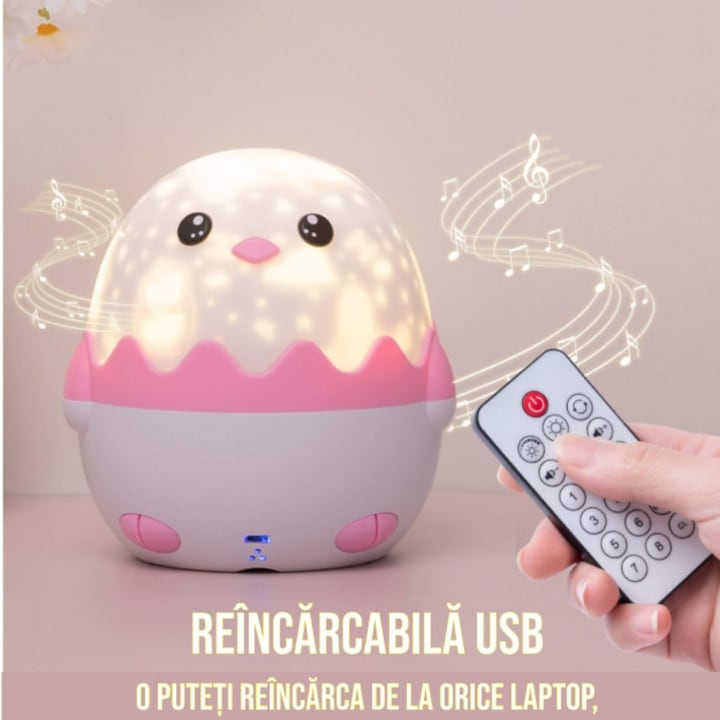 Lampa de veghe Macvi® Pinguin pentru copii, proiectii cu 13 sabloane, efecte sonore, lumini multicolore, telecomanda si incarcare USB, roz