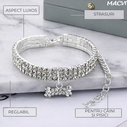 Zgarda pentru caini de talie mica Macvi® cu cristale stralucitoare, design elegant, ajustabila, argintiu