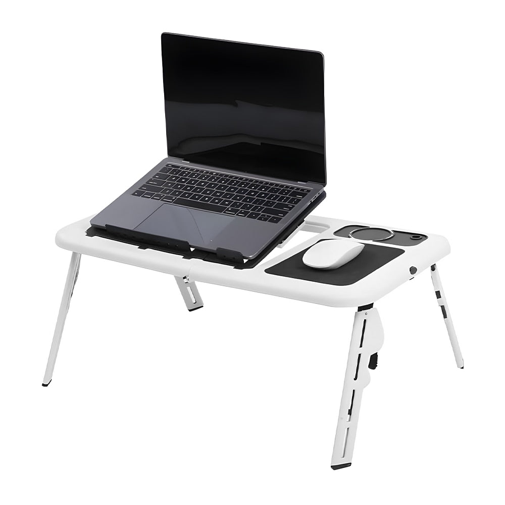 Masuta Universala Teno®, pliabila, pentru laptop/tableta/ mic dejun la pat, sistem cu fante de racire, suport pentru pahar, unghi reglabil, usor de depozitat, alb/negru