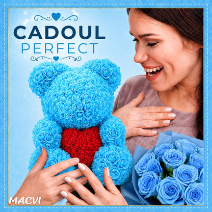 Ursulet Cu Inima Trandafiri Spuma Macvi®, 24 cm, Cutie Cadou Inclusa, Albastru, Decor Romantic, Cadou Valentine Aniversare