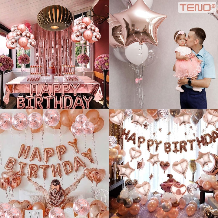 Set 27 Baloane Teno®, Litere, pentru Petreceri/Aniversari/Evenimente, confetti, stelute, inimioare, model HAPPY BIRTHDAY, rose gold