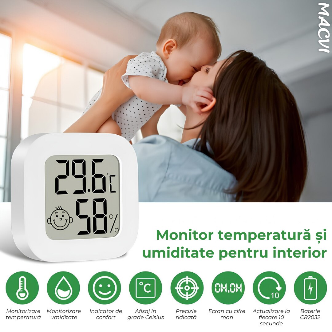 Termometru si higrometru camera Macvi®, indicator comfort, citire 10 secunde, senzor precis, Interval umiditate: 10% - 99% RH, -20°C pana la +60°C, ultra compact, alb