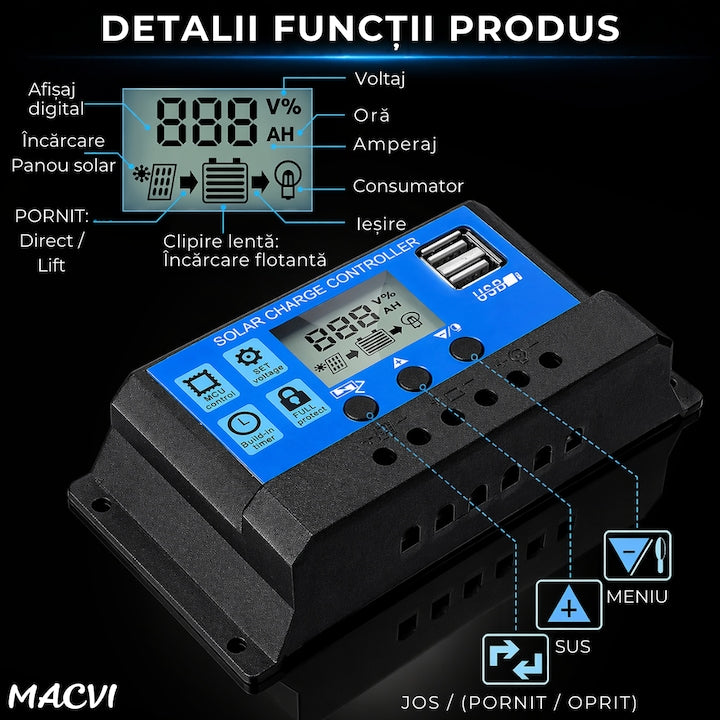 Regulator Tensiune Panou Solar, Macvi®, 20A, 12V 24V, LCD Digital, 2x USB, Controler Incarcare, Protectie Baterie, Negru