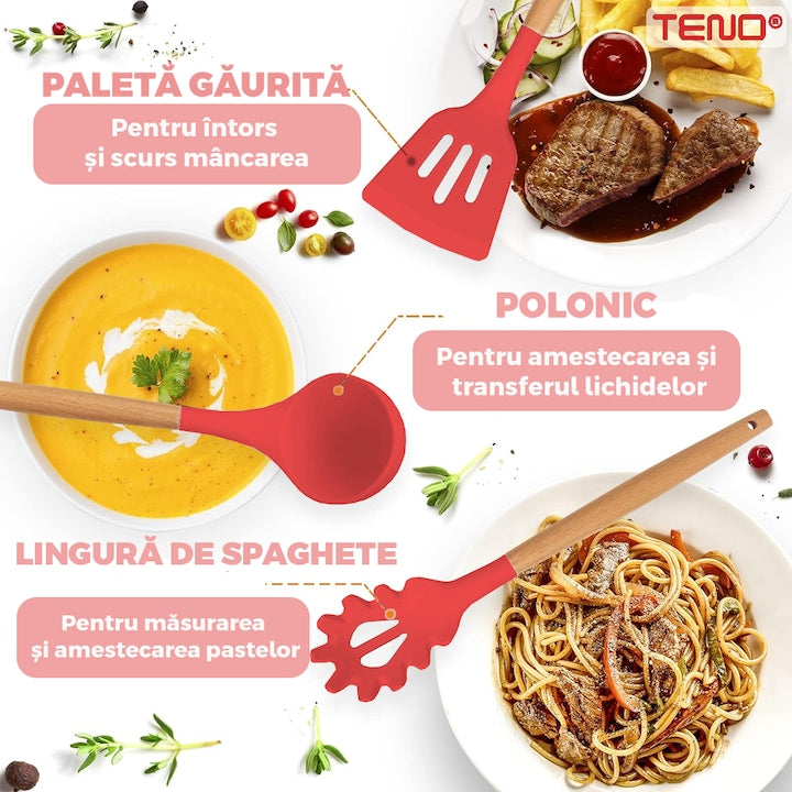 Set Ustensile Bucatarie 12 Piese Silicon Alimentar Teno®, termorezistente, antiaderente, sigure, suport inclus, rosu