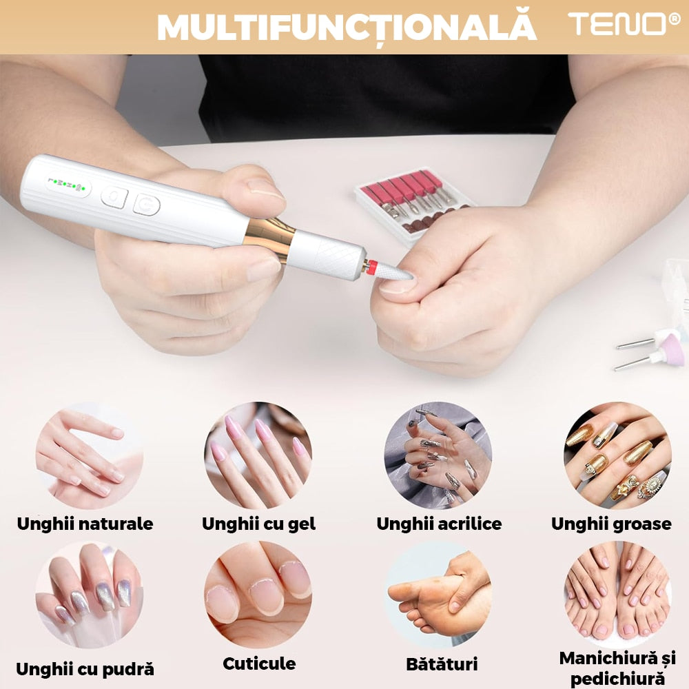 Pila Electrica Profesionala pentru Unghii Teno®, freza wireless, 18000 RPM, indicator led, manichiura-pedichiura, 12 capete pentru pila, 36 benzi de slefurie, portabila, alb