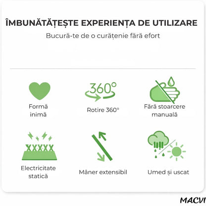 Mop cu Cap Inima Macvi® 360° Telescopic Curatare Usoara, 127 cm, Verde, Cap Rotativ si Lavete Microfibra