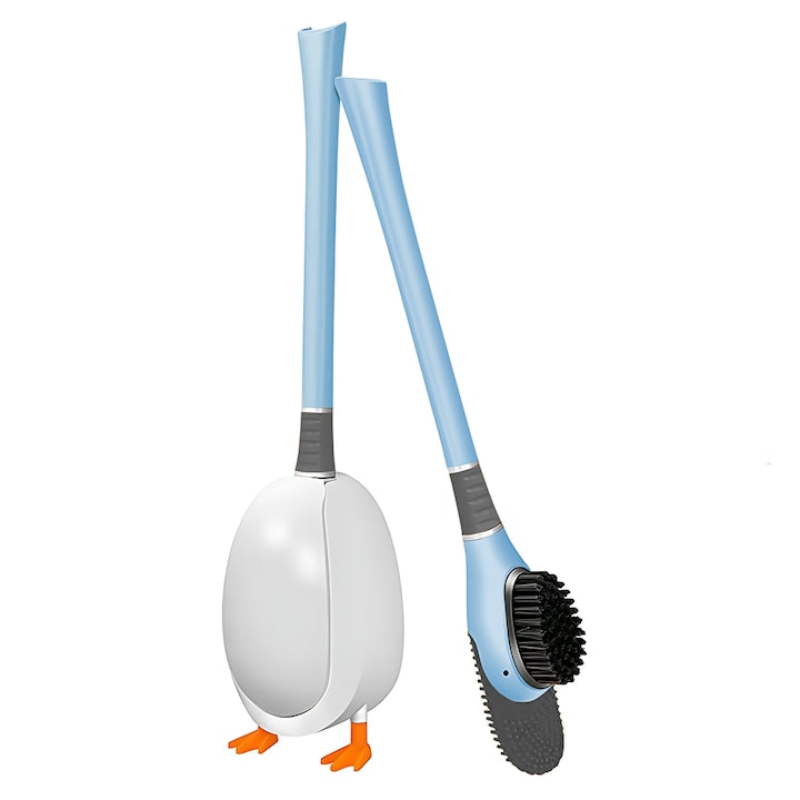 Perie pentru Toaleta Ratusca Teno®, din silicon, model adorabil, carcasa ou, suport adeziv montabil pe orice suprafata, 2 capete, capat cioc din silicon, capat cu peri pentru pete, albastru