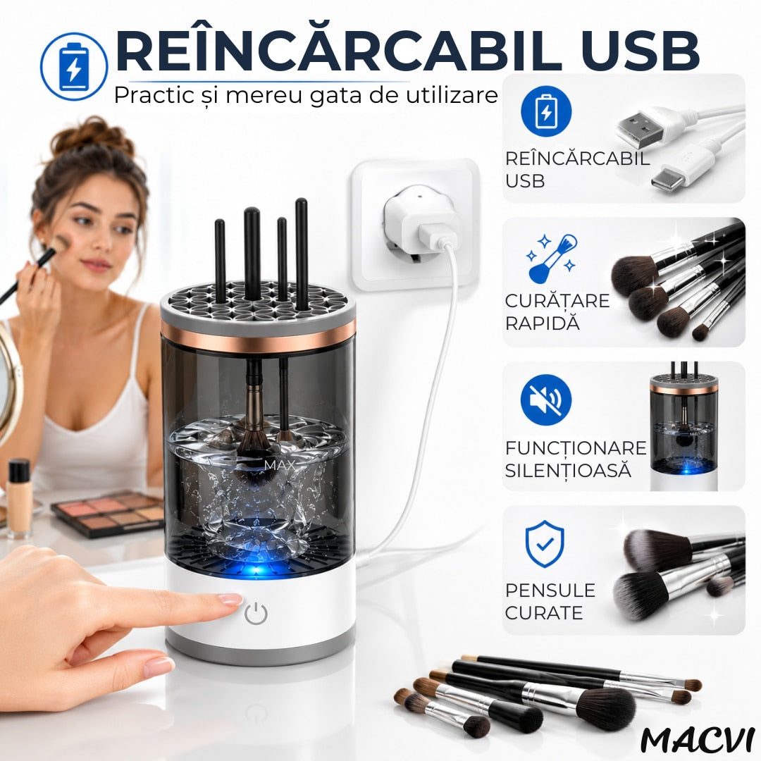 Dispozitiv automat de curatare pensule machiaj Macvi®, ultrasonic, 7000 RPM, incarcare USB, compact, ABS/PC, transparent